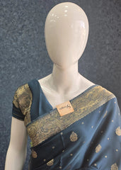 Self Teal Blue Mushru Silk saree
