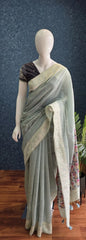Contrast Ice Blue Linen Saree