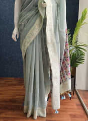 Contrast Ice Blue Linen Saree