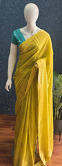 Soft Yellow Blue Semi Silk Saree