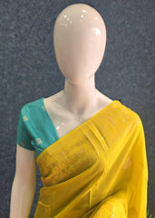 Soft Yellow Blue Semi Silk Saree