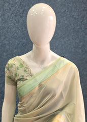 Brocade Blouse Pista Green Chanderi Saree