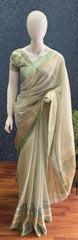 Brocade Blouse Pista Green Chanderi Saree