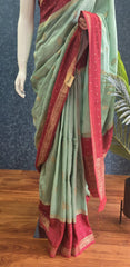 Crush Ocean Green Rose Pink Tussar Crepe Saree