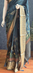 Pichwai Digital Prints Peacock Blue Dola Silk Saree