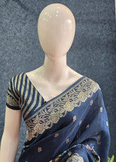 Tussar Silk Rose Flower Teal Blue