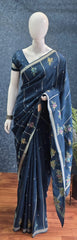 Butta Teal Blue Tussar Saree