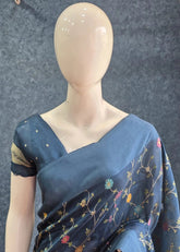 Tussar Silk Flower Teal Blue