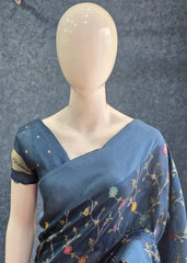 Flower Teal Blue Tussar Silk Saree