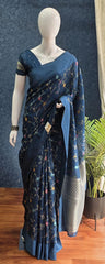 Flower Teal Blue Tussar Silk Saree