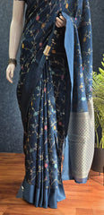 Flower Teal Blue Tussar Silk Saree