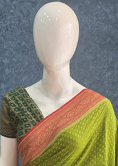 3D parrot Green Red Pure Banarasi Saree