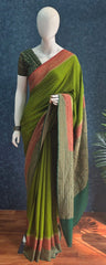3D parrot Green Red Pure Banarasi Saree