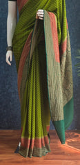 3D parrot Green Red Pure Banarasi Saree