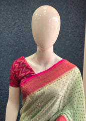 Pure Banarasi Crepe - Pista Green with Pink Border