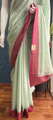 Pure Banarasi Crepe - Pista Green with Pink Border
