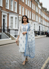 Embroider 3 Piece Half White Blue Cotton Suit