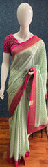 Pure Banarasi Crepe - Pista Green with Pink Border