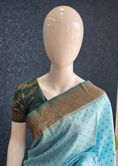 Pure Banarasi Crepe - Sky Blue with Green Border