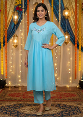 Kurti Set 2Piece Embroider Lines Light Blue