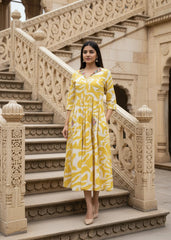 Flex Print Yellow White Cotton Suit