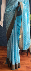 Pure Banarasi Crepe - Sky Blue with Green Border