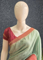 Crush Aqua Blue Rose Pink Tussar Crepe Saree