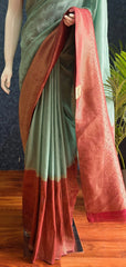 Crush Aqua Blue Rose Pink Tussar Crepe Saree