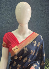 Contrast Navy Blue Pink Semi Silk Saree