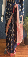 Contrast Navy Blue Pink Semi Silk Saree