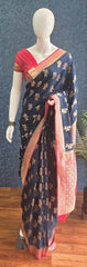 Contrast Navy Blue Pink Semi Silk Saree