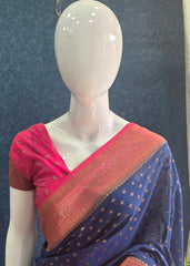 Contrast Navy Blue Rose pink Semi Silk Saree