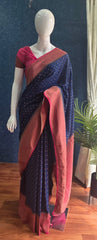 Contrast Navy Blue Rose pink Semi Silk Saree