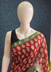 Contrast Brick red Green Maheshwari Silk Saree