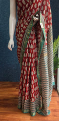 Contrast Brick red Green Maheshwari Silk Saree