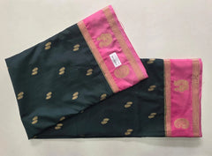 Contrast Bottle Green Pink Semi Crepe Silk Saree