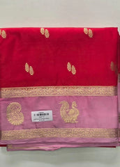 Contrast Red Pink Semi Crepe Silk Saree