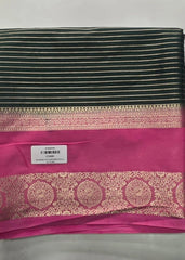 Contrast Lines Bottle Green Pink Semi Crepe Silk Saree