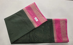 Contrast Lines Bottle Green Pink Semi Crepe Silk Saree