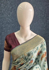Printed Light Blue Matka Silk Saree