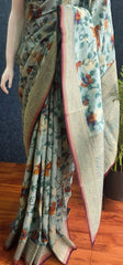 Printed Light Blue Matka Silk Saree