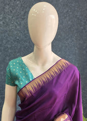 Temple Border Purple Blue Semi Silk Saree