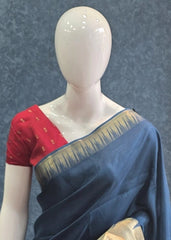 Temple Border Teal Blue Red Semi Silk Saree