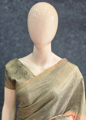 Pichwai Print Pista Cream Tussar Silk Saree