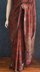 Kalamkari Print Brown Dola Silk Saree