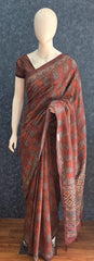 Kalamkari Print Brown Dola Silk Saree