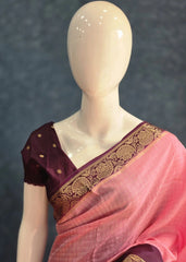 Checks Baby Pink Purple Tussar Silk Saree