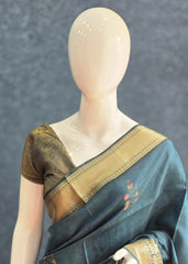 Pichwai Digital Prints Peacock Blue Dola Silk Saree