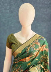 Pichwai Digital Prints Leaf Green Dola Silk Saree