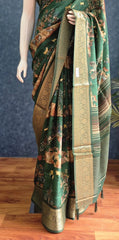 Pichwai Digital Prints Leaf Green Dola Silk Saree